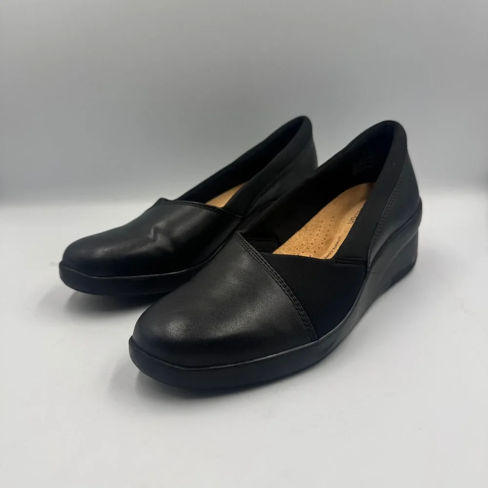 Clarks Collection Black Leather Wedge Pumps Ultimate Comfort Womens 8